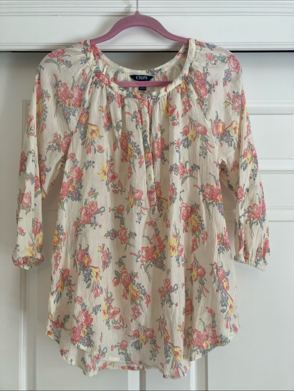 Chaps Cream Floral Peasant Top with Coral and Yellow Blooms